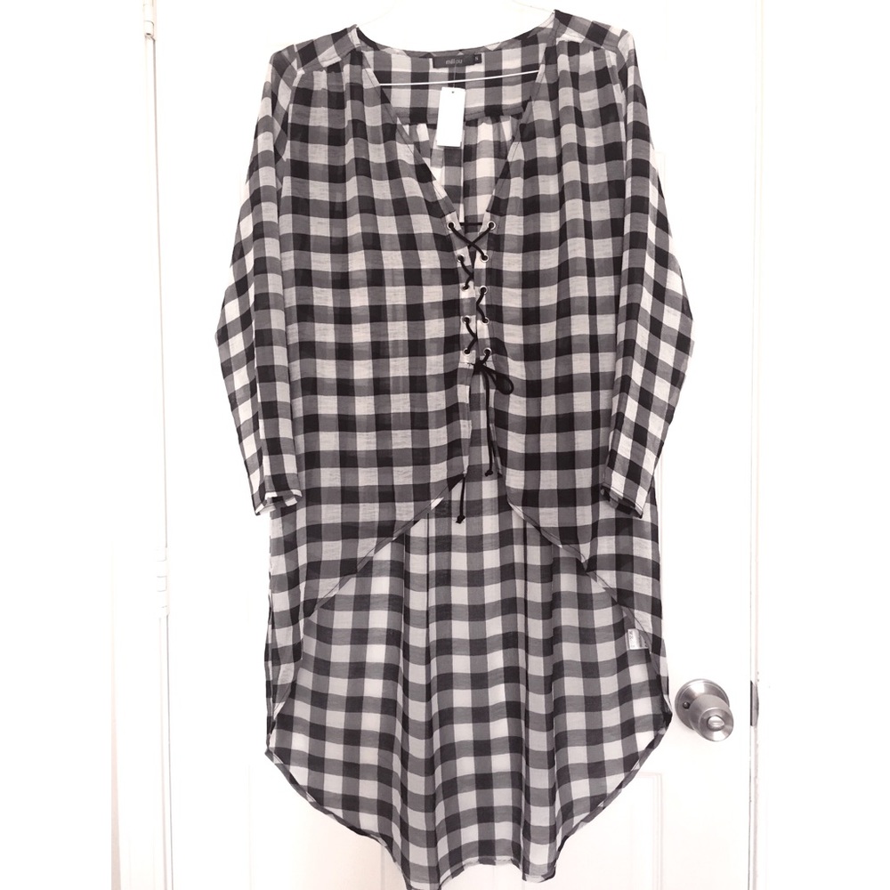 LF Millau Checkered Plaid B&W Sheer Lace Up Blouse